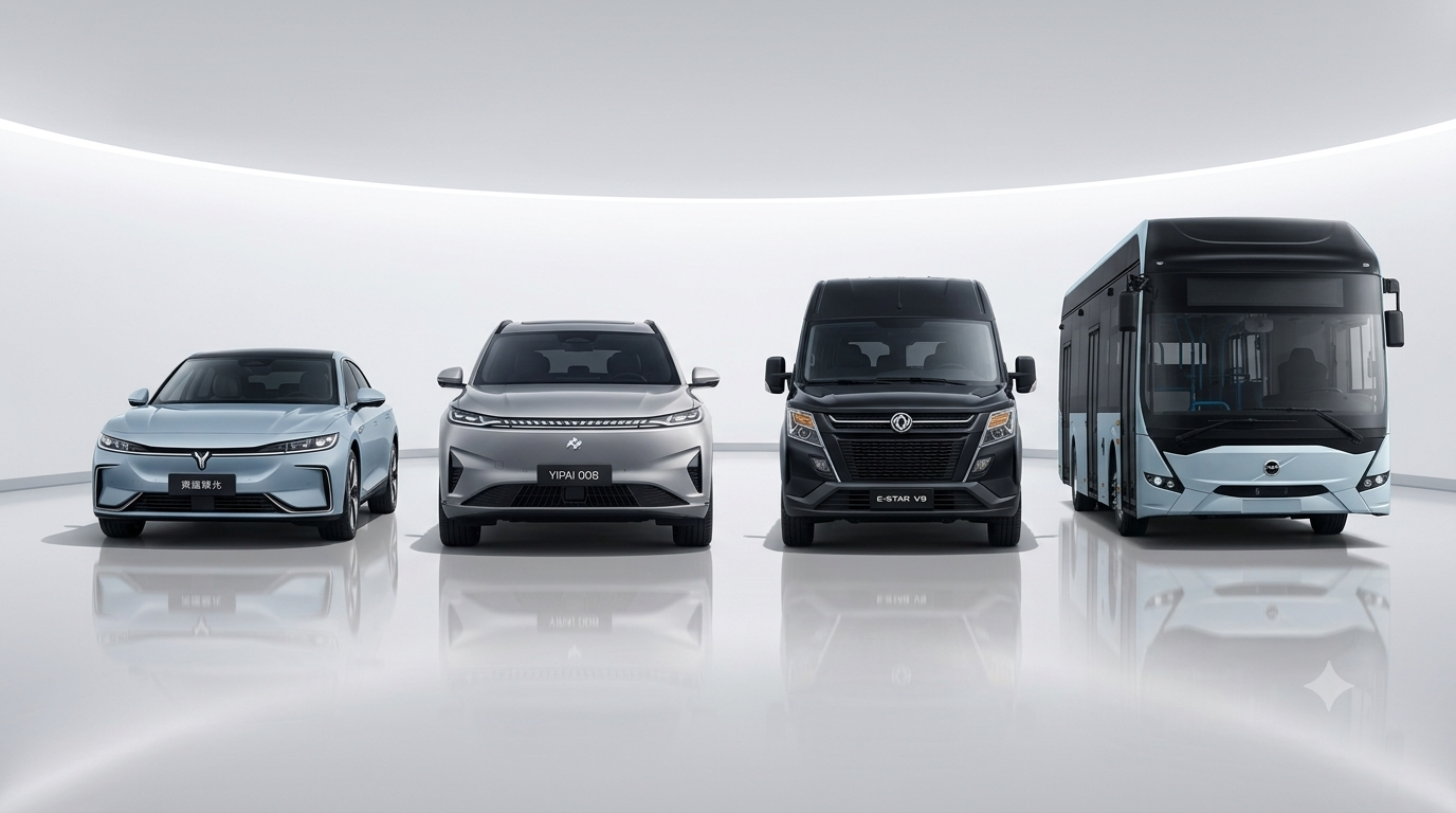 SAGLEV electric vehicle lineup — sedan, SUV, van, and bus fleet arranged in studio showroom with spotlight backdrop
