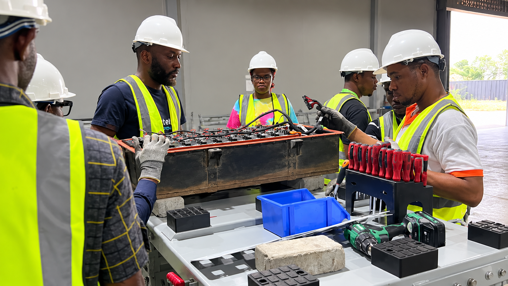 SAGLEV team — diverse African professionals collaborating with stacked hands, teamwork, and partnership in electromobility manufacturing