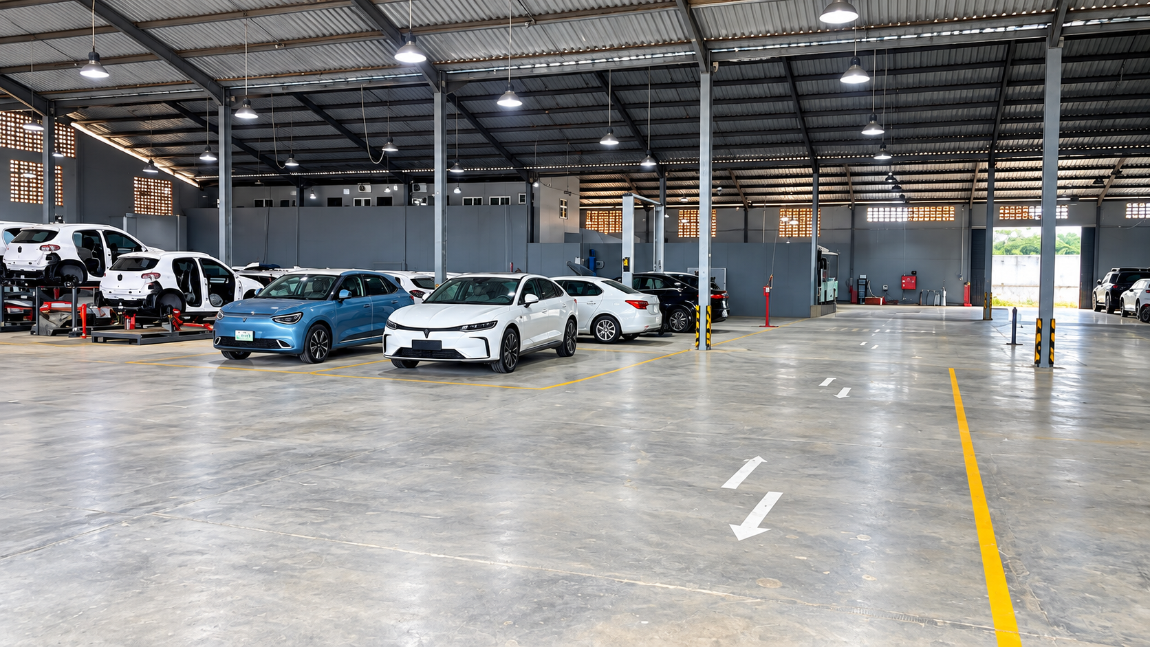 SAGLEV electromobility warehouse with electric vehicles organized for delivery and fleet operations